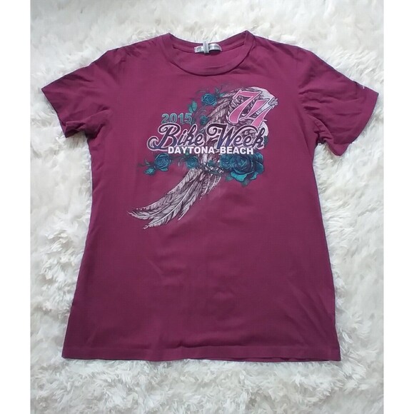 Hot Leather Apparel Tops - Bike Week Daytona Beach 2015 74th Women’s Graphic Tee Size L Angel Wings Flowers